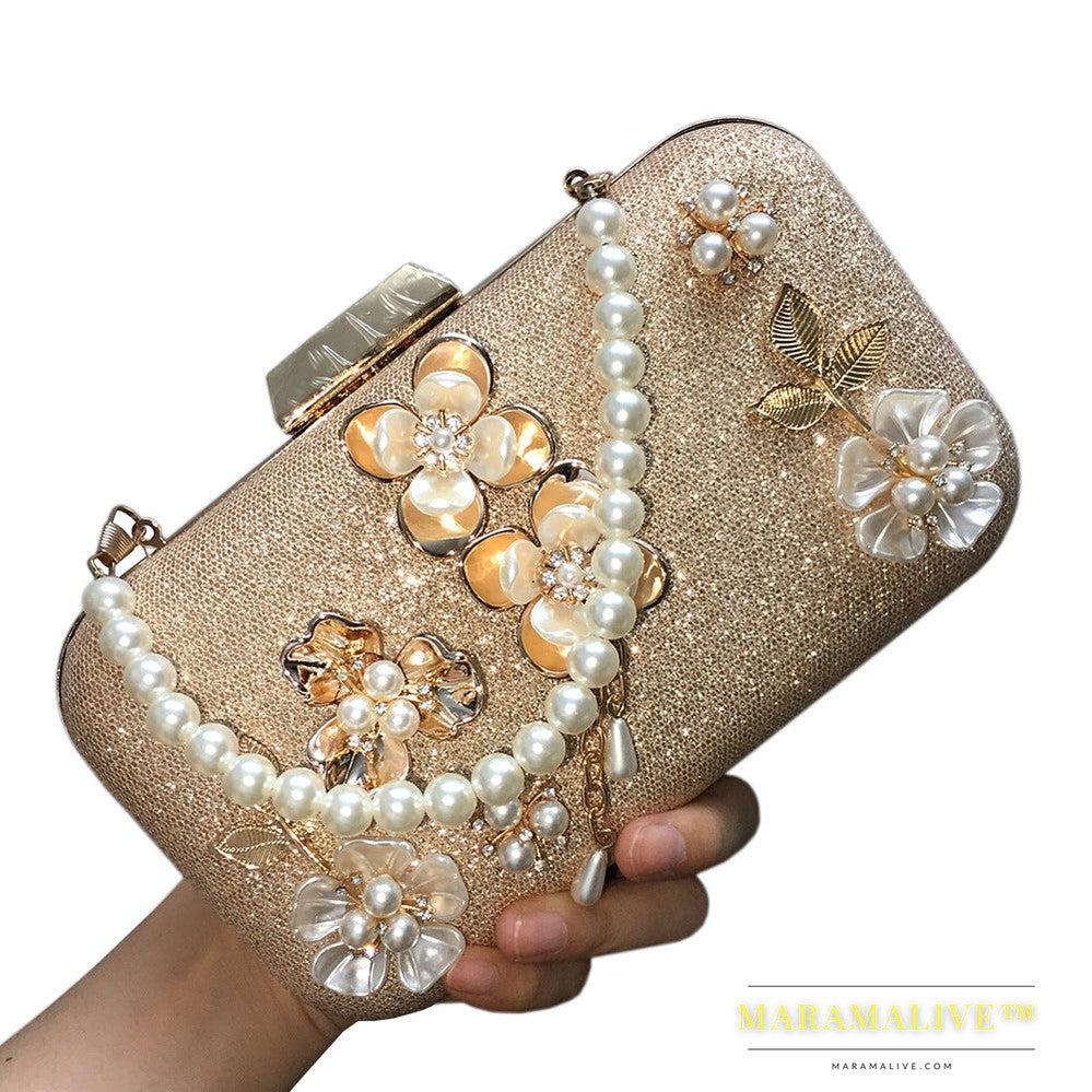 Diamond-studded pearl petal chain tassel dinner bag