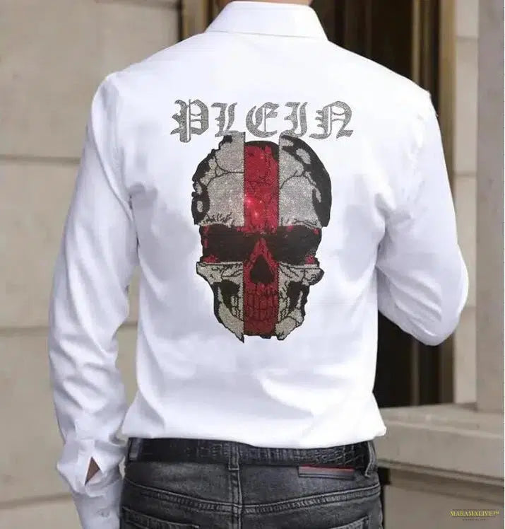 Diamonds Anime Graphic Skulls Shirts Mens long Sleeve Rhinestones Fashion Streetwear Casual Blouse