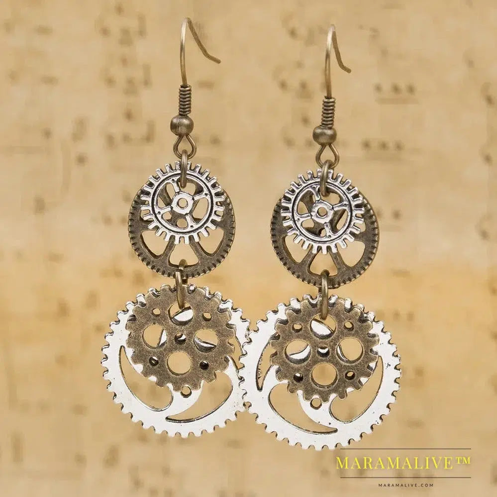 DoreenBeads New Fashion Steampunk Earrings Antique Bronze Gear Pendants 60mm(2 3/8") x 23mm( 7/8"), 1 Pair