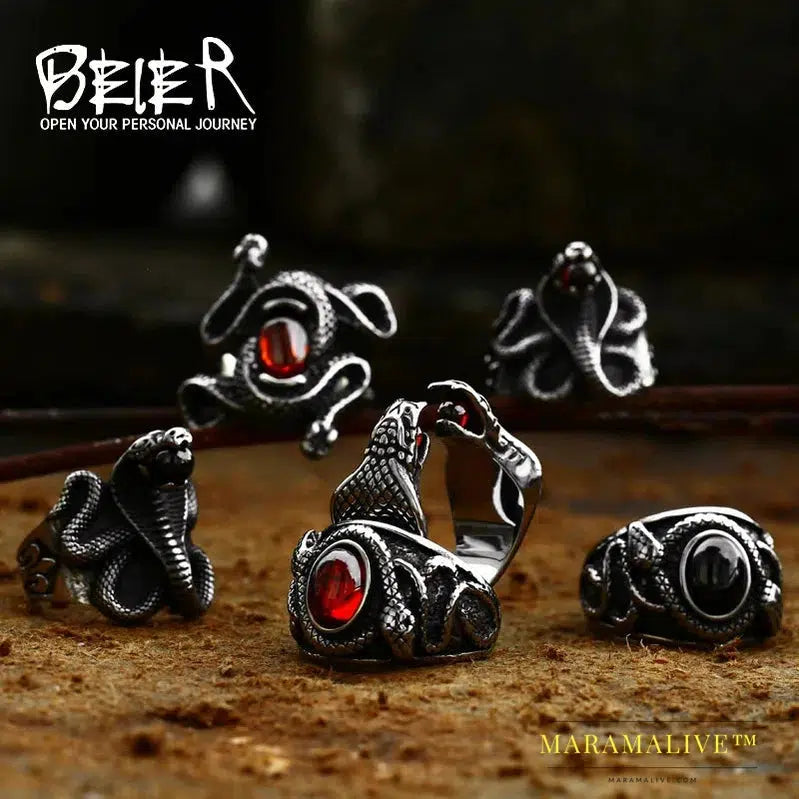 Double Snake Head Ring With Stones For Men Punk Hip Hop Retro Gothic Stainless Steel Adjustable Jewelry