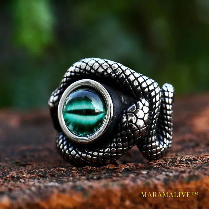 Double Snake King Entangled Animal Ring Green Stone Eye Men's Ring High Quality Jewelry