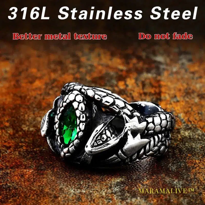 Double Snake King Entangled Animal Ring Green Stone Eye Men's Ring High Quality Jewelry