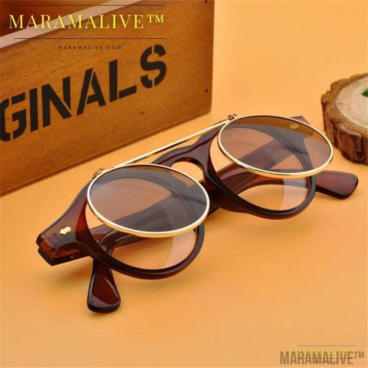 Double flip round retro steampunk sunglasses