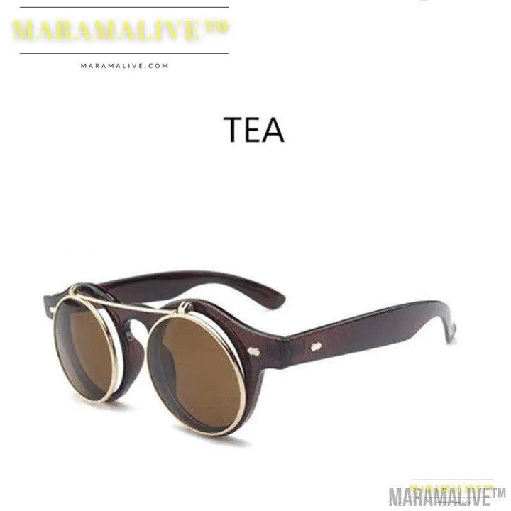 Double flip round retro steampunk sunglasses