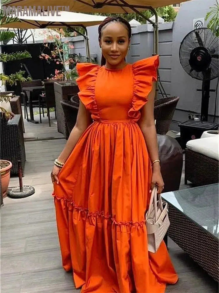 Dresses for Women Elegant Leaf Sleeve Solid Casual Party Long Swing Dress New Summer Clothes