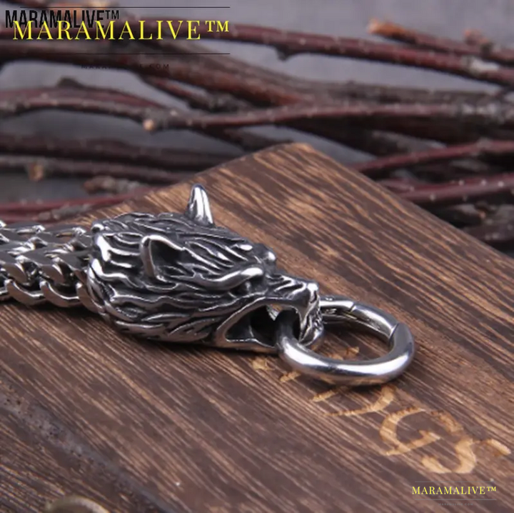 Dual Wolf Head Titanium Bracelet - Unique Viking Steel Chain