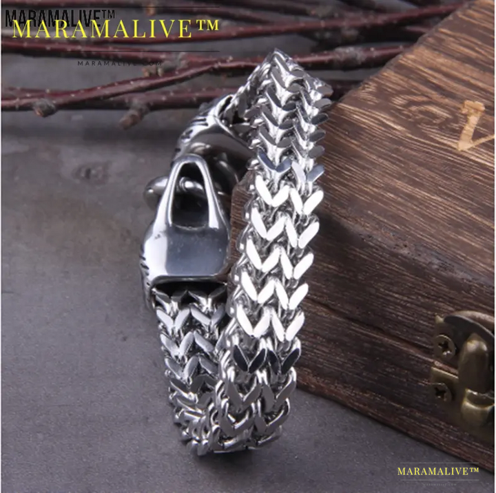 Dual Wolf Head Titanium Bracelet - Unique Viking Steel Chain