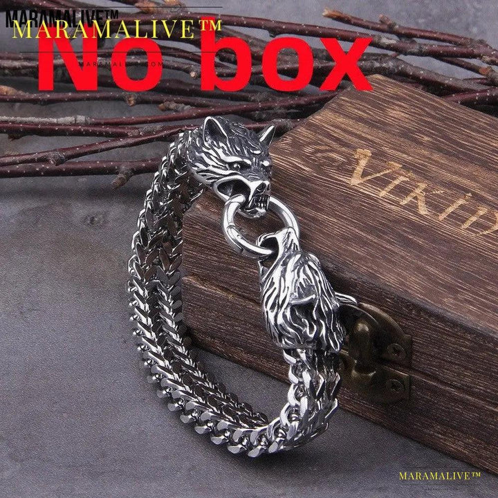 Dual Wolf Head Titanium Bracelet - Unique Viking Steel Chain