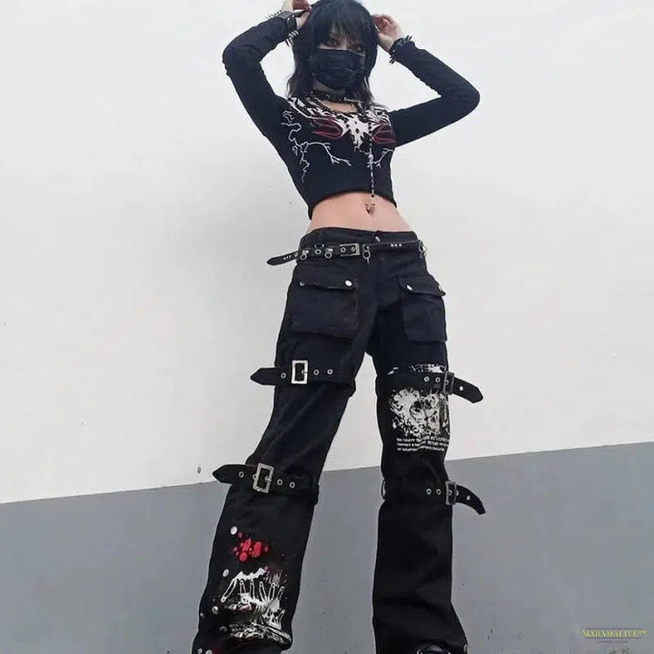 E-girl Gothic Black Cargo Pants Capri Women Low Waist Jeans Long Trousers Y2K Grunge Vintage Hip Hop Punk Harajuku Streetwear Maramalive™