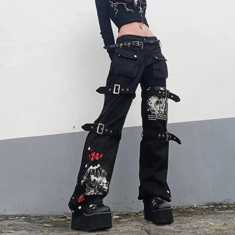 E-girl Gothic Black Cargo Pants Capri Women Low Waist Jeans Long Trousers Y2K Grunge Vintage Hip Hop Punk Harajuku Streetwear Maramalive™