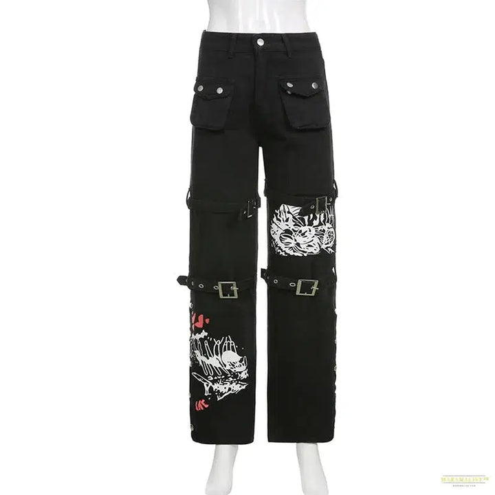 E-girl Gothic Black Cargo Pants Capri Women Low Waist Jeans Long Trousers Y2K Grunge Vintage Hip Hop Punk Harajuku Streetwear Maramalive™