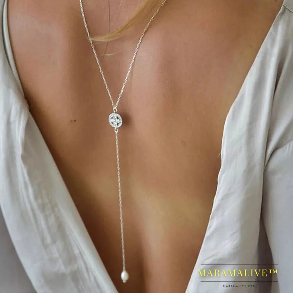 Elegant Back Necklace Pearl Backdrop Chain Dress Backless Jewelry Crystal Pendant Back Chain Top for Women Rhinestone Body Decor