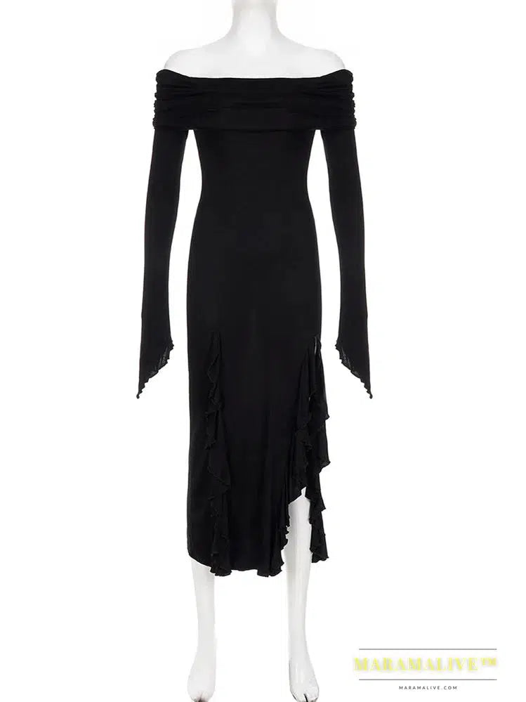 Elegant Fashion Dark Ruffles Split Long Dress Gothic Slash Neck Long Sleeve Maxi Dresses For Women 2023 Holiday Beach