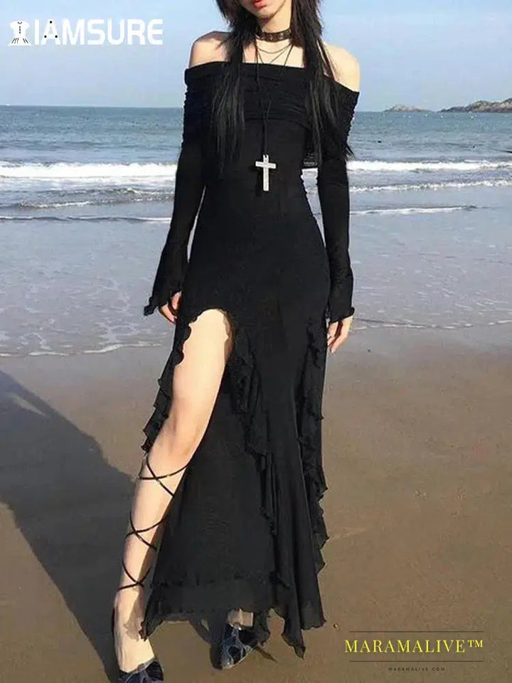 Elegant Fashion Dark Ruffles Split Long Dress Gothic Slash Neck Long Sleeve Maxi Dresses For Women 2023 Holiday Beach