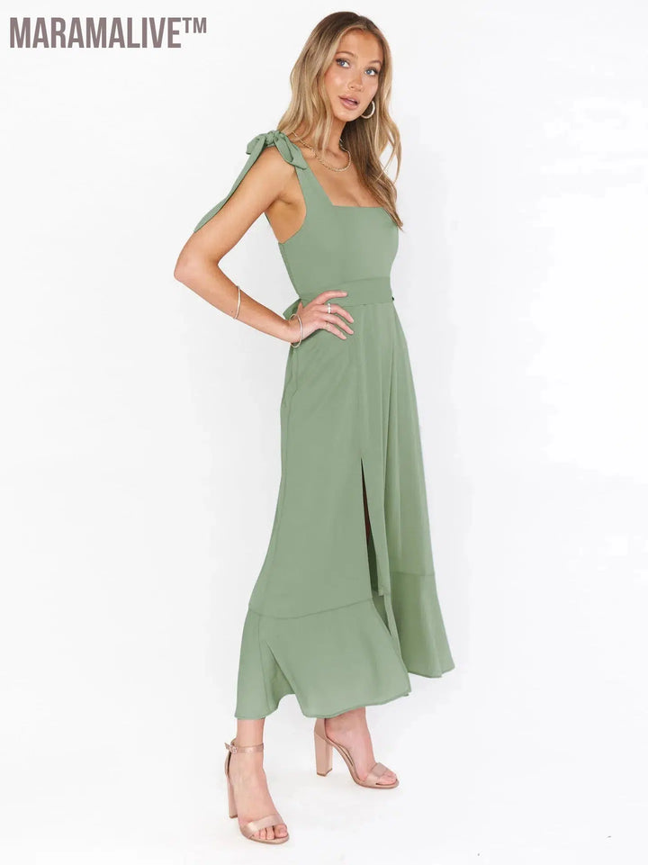 Elegant Fashion Women'S Temperament Commuter Slit Dress Solid Color Fallow Skirt Urban Style High-Waisted A-Line Dress