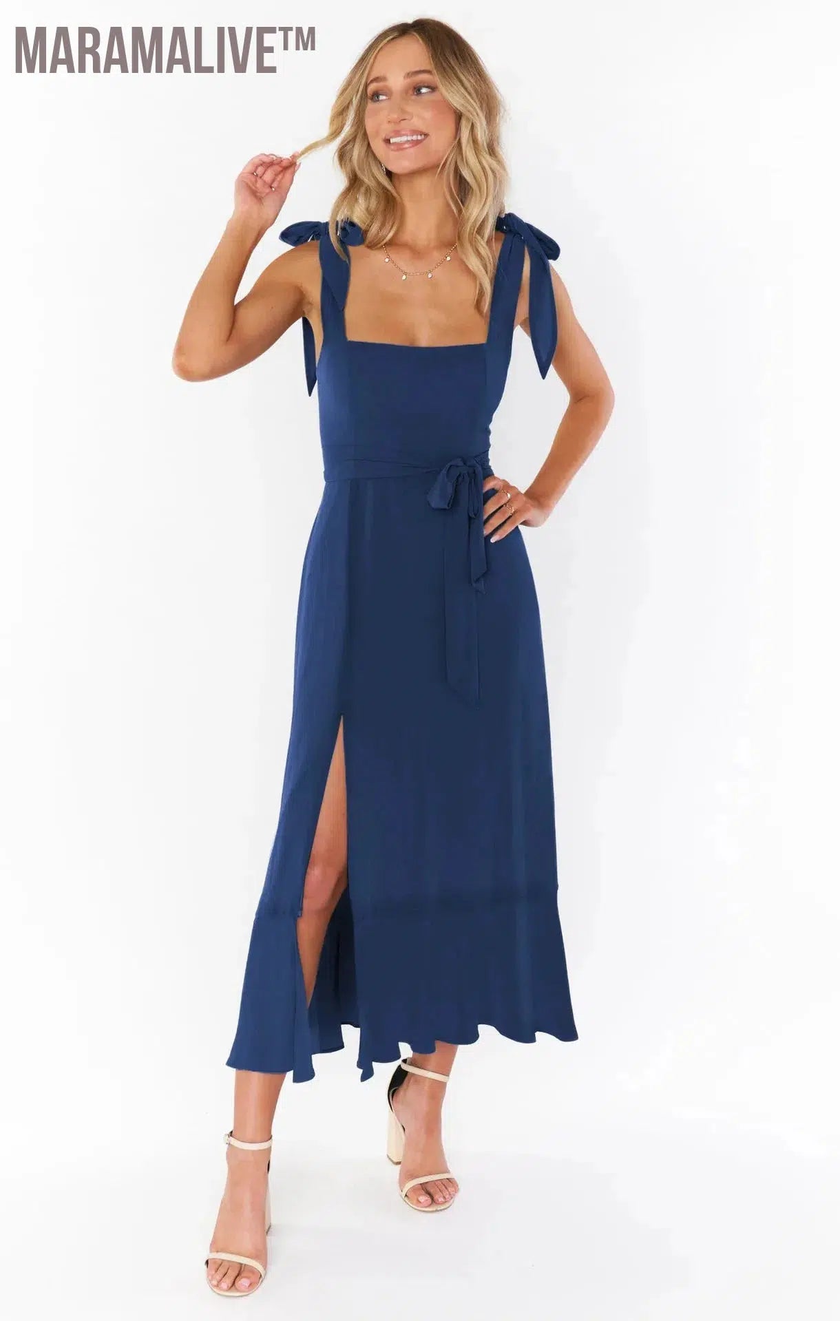 Elegant Fashion Women'S Temperament Commuter Slit Dress Solid Color Fallow Skirt Urban Style High-Waisted A-Line Dress