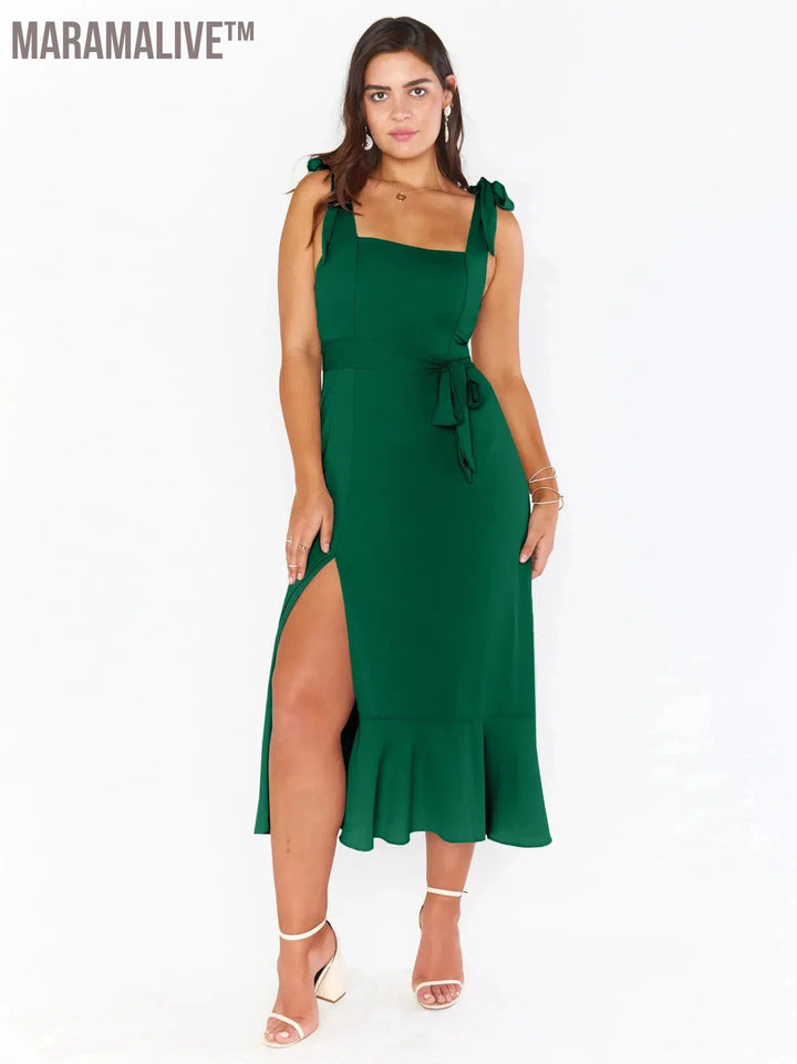 Elegant Fashion Women'S Temperament Commuter Slit Dress Solid Color Fallow Skirt Urban Style High-Waisted A-Line Dress