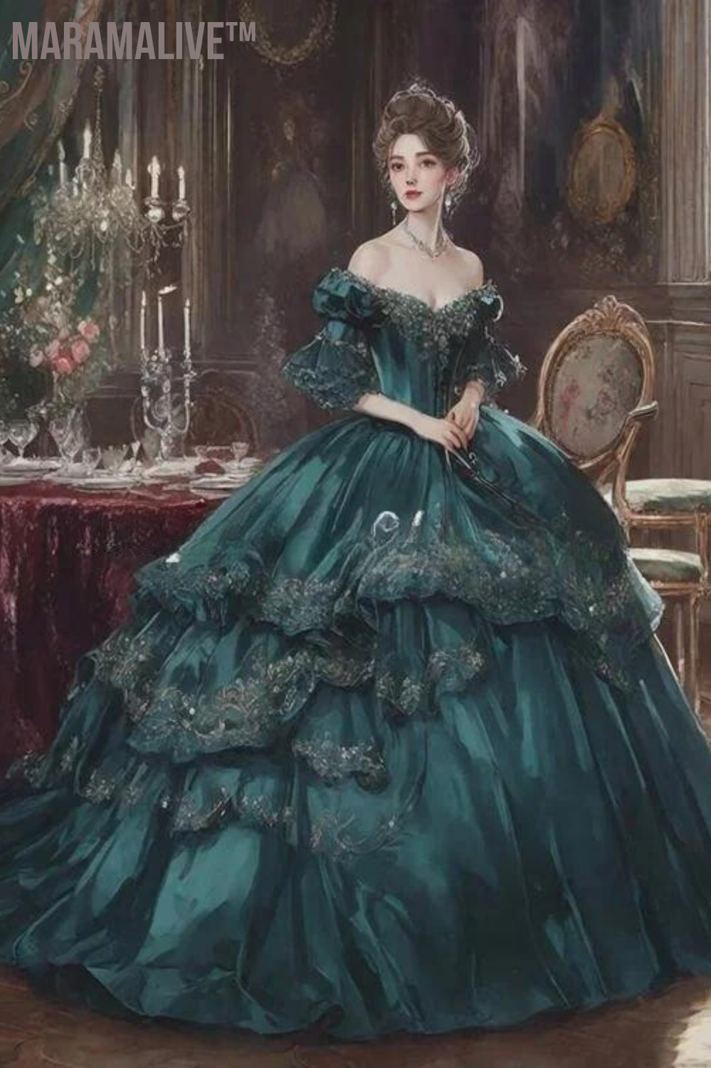 Elegant Fluffy Victorian Prom Party Dress For Women Emerald Strapless Diamante