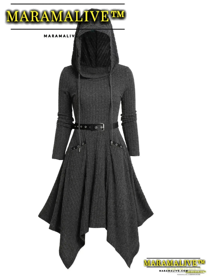 Elegant Hooded Long Sleeve Dress with Asymmetrical Hem, Solid Color, Knit Fabric, Belted Waist with Eyelet Detail, Front Pocket, Polyester and Spandex, Adult Casual Gothic Style for Fall/Winter