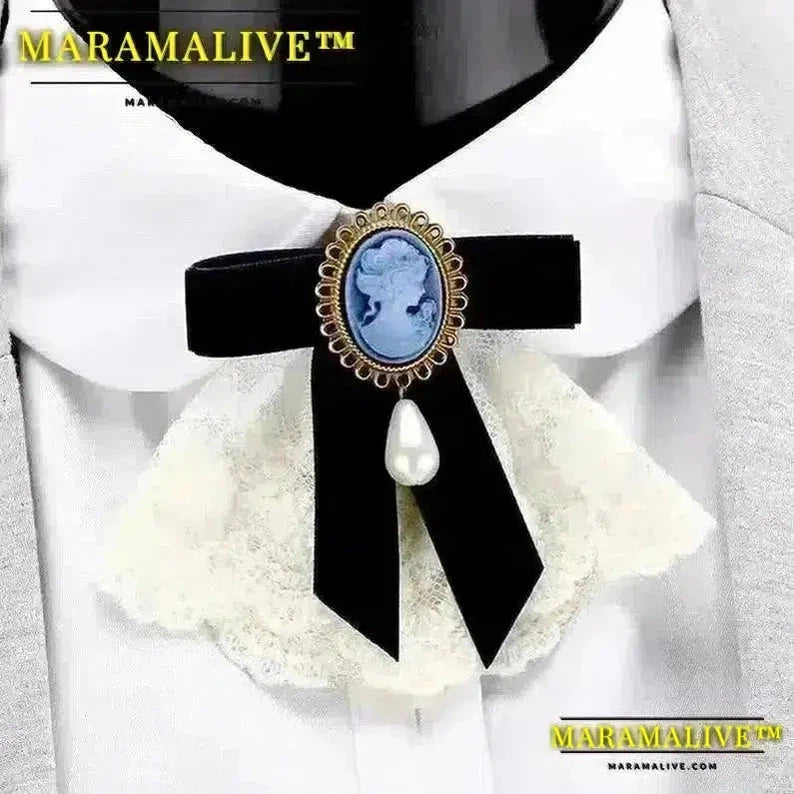 Elegant Lace Velvet Ribbon Bowknot Bronze Plated Queen Cameo Beauty Head Venetian Pearl Water Drop Women Brooch Lapel Pins Gifts