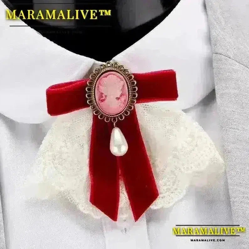 Elegant Lace Velvet Ribbon Bowknot Bronze Plated Queen Cameo Beauty Head Venetian Pearl Water Drop Women Brooch Lapel Pins Gifts