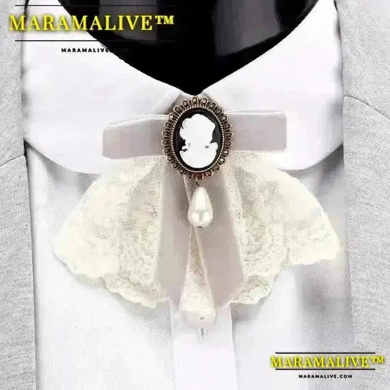 Elegant Lace Velvet Ribbon Bowknot Bronze Plated Queen Cameo Beauty Head Venetian Pearl Water Drop Women Brooch Lapel Pins Gifts