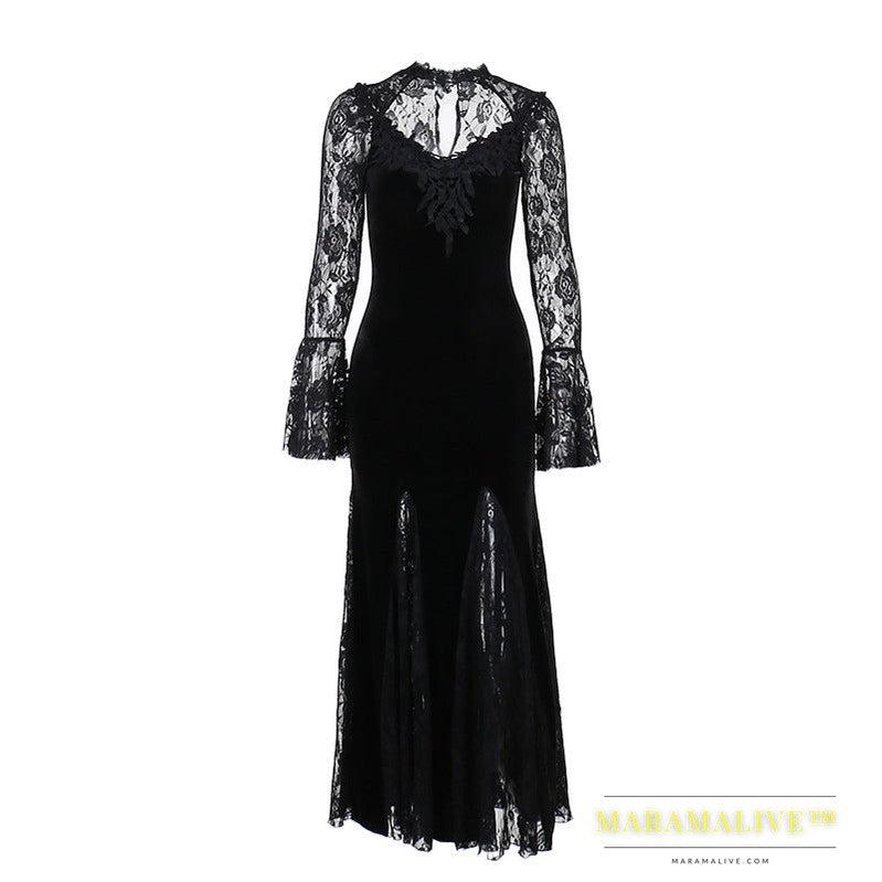 Elegant Sexy See-through Slim-fit Dark Lace Fishtail Long Sleeve Dress