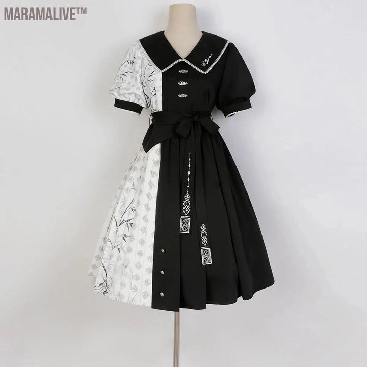 +Element Short Sleeve Op Dress Improved Daily Skirt Spring Black White Lolita