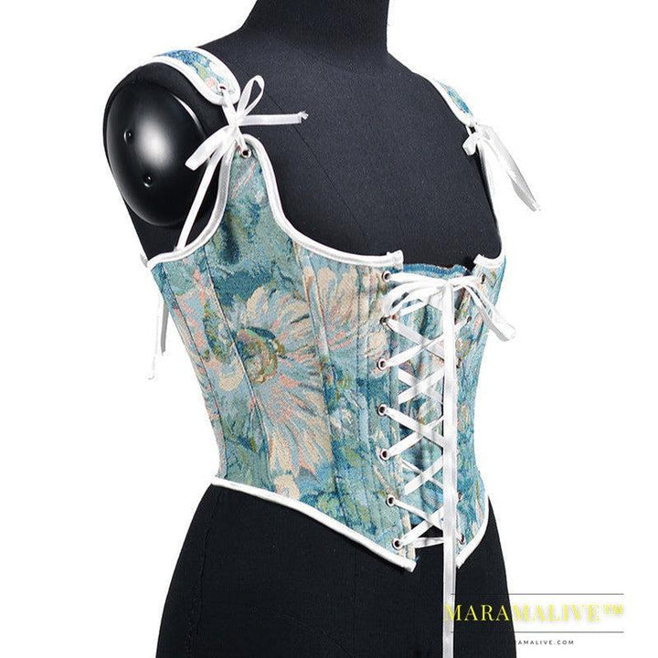 Embroidered Front Tie Straps Herringbone Corset Girdle