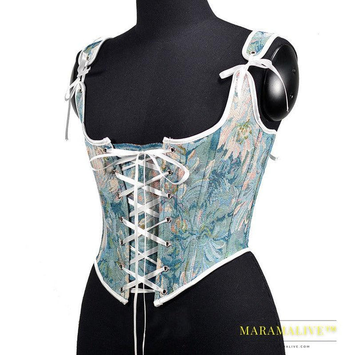 Embroidered Front Tie Straps Herringbone Corset Girdle