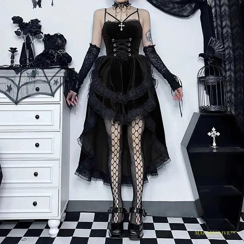 Enchanting Women's Gothic Style Dress - Dark Luxury Slim Tie Waist - Fall Collection