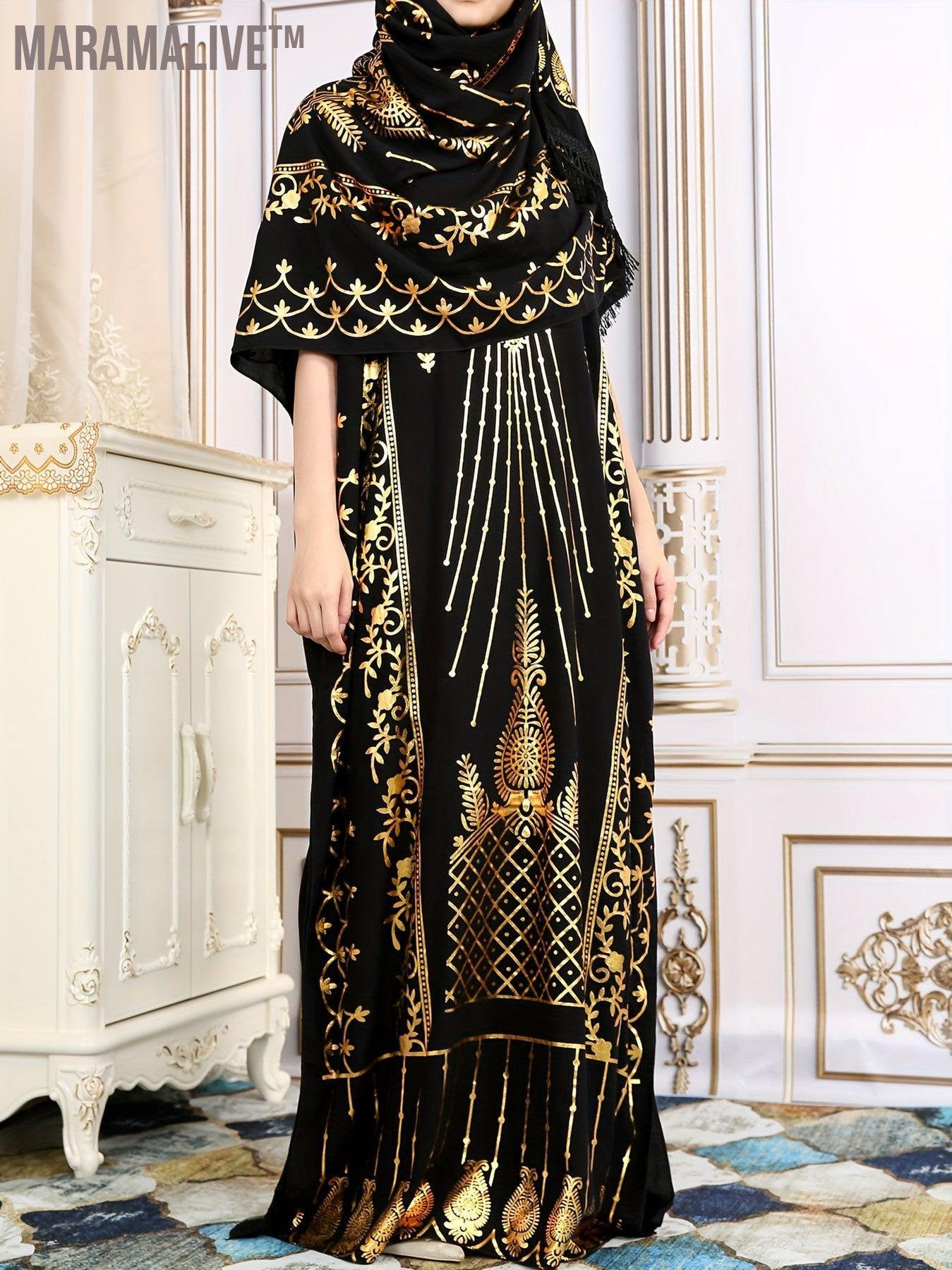 Ethnic Style Graphic Print Kaftan, Elegant Batwing Sleeve Maxi Dress, Women's Clothing