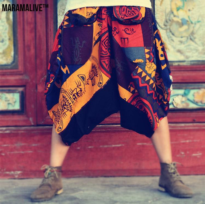 Ethnic style hippie graffiti oversized cropped pants