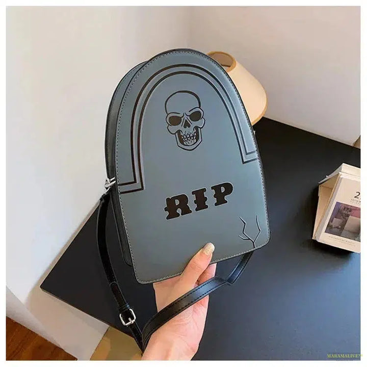 European & American Styled Halloween Funny Tombstone Small Bag with Skull Print, Trendy Women's Personalized Messenger Bag