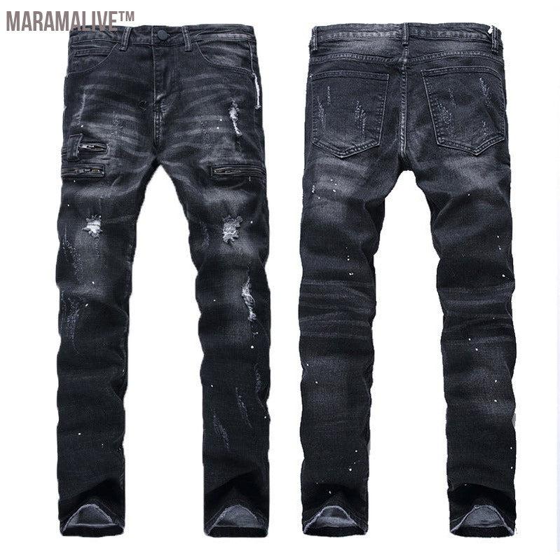 European And American High-street Fashion Men's Zippered Torn Jeans