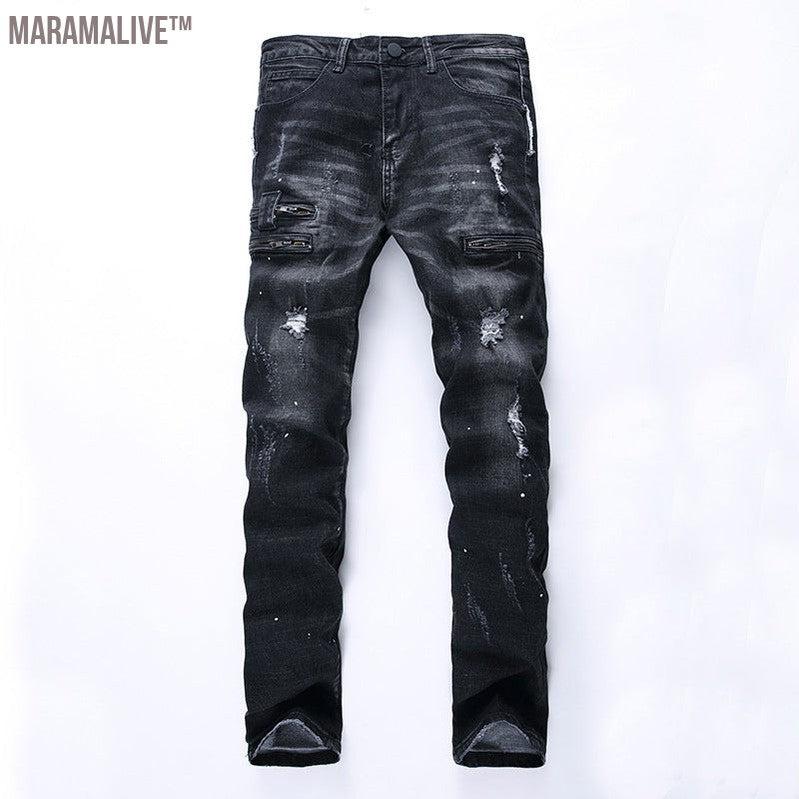 European And American High-street Fashion Men's Zippered Torn Jeans