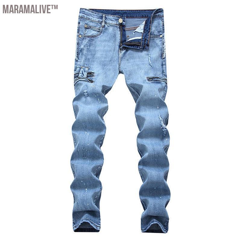 European And American High-street Fashion Men's Zippered Torn Jeans