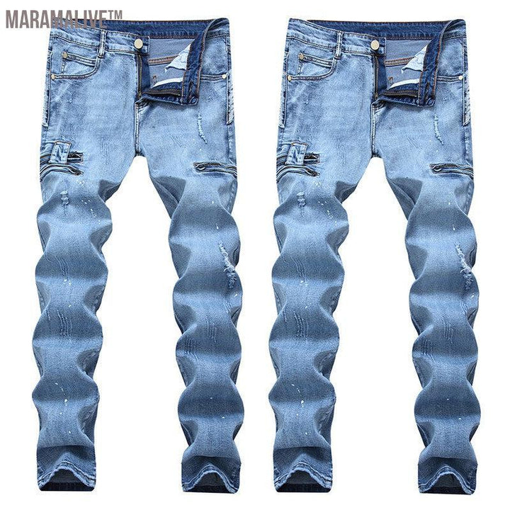 European And American High-street Fashion Men's Zippered Torn Jeans