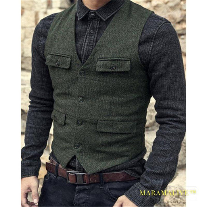 European And American Men's Vest Casual Solid Color Herringbone Vest