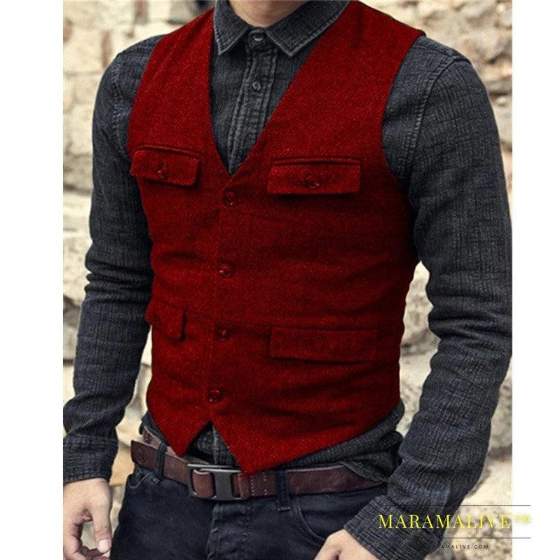 European And American Men's Vest Casual Solid Color Herringbone Vest