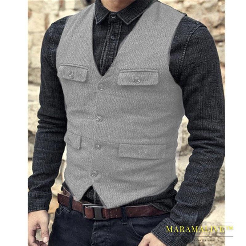 European And American Men's Vest Casual Solid Color Herringbone Vest