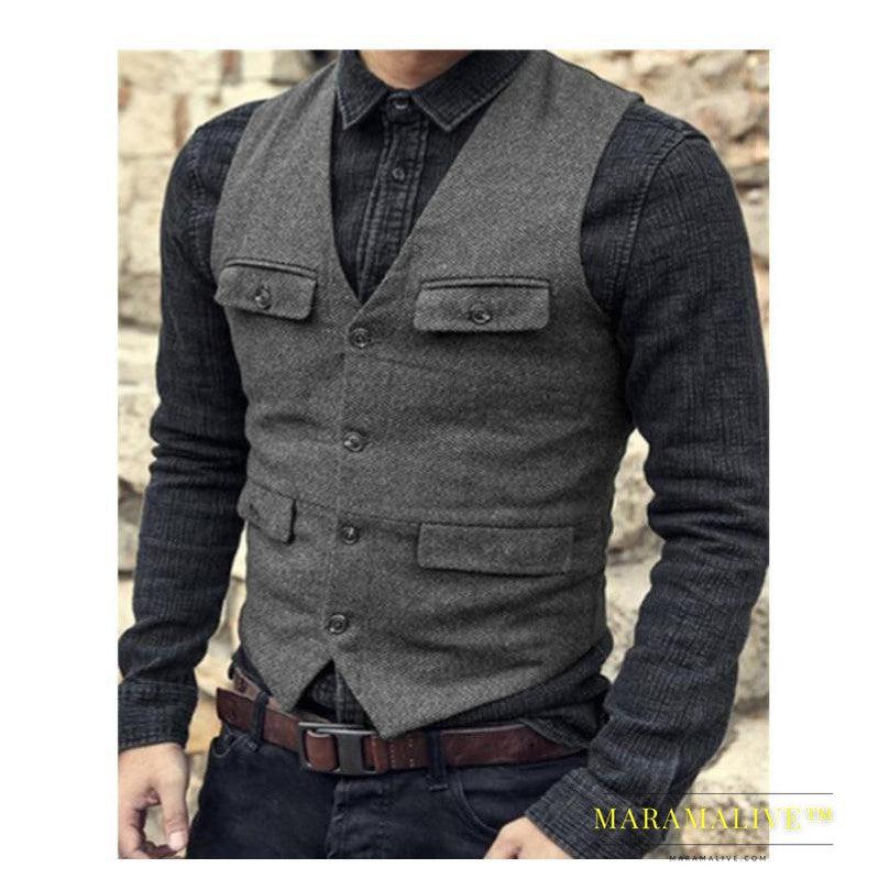 European And American Men's Vest Casual Solid Color Herringbone Vest