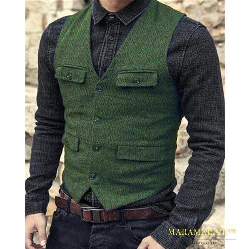 European And American Men's Vest Casual Solid Color Herringbone Vest