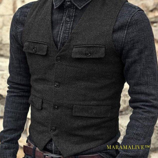 European And American Men's Vest Casual Solid Color Herringbone Vest