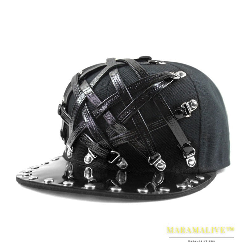 European And American Punk T-shaped Leather X Leather Hip Hop Flat-brimmed Cap Men And Women