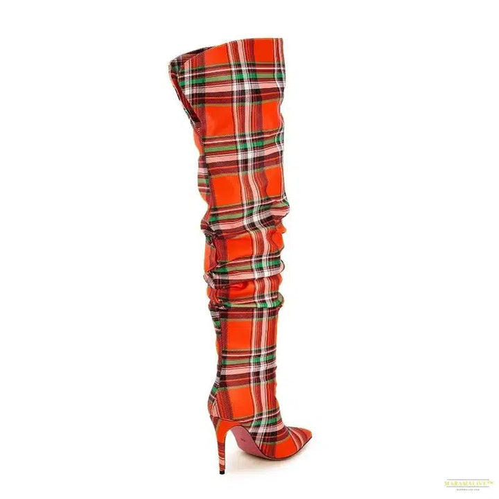 European and American high-heeled color blocked checkered fabric knee high sleeve boots for women's fashionable banquet boots