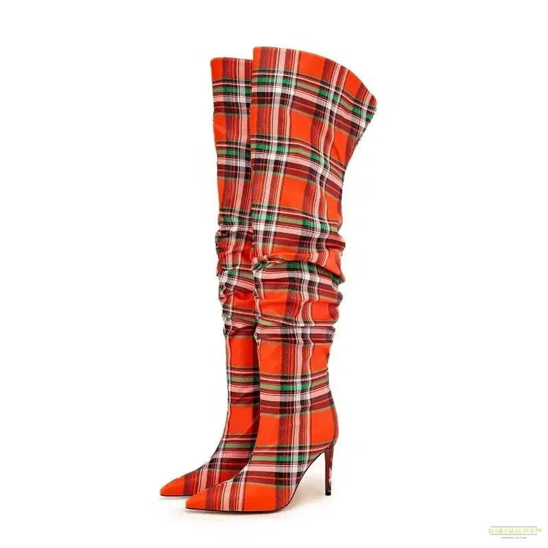 European and American high-heeled color blocked checkered fabric knee high sleeve boots for women's fashionable banquet boots