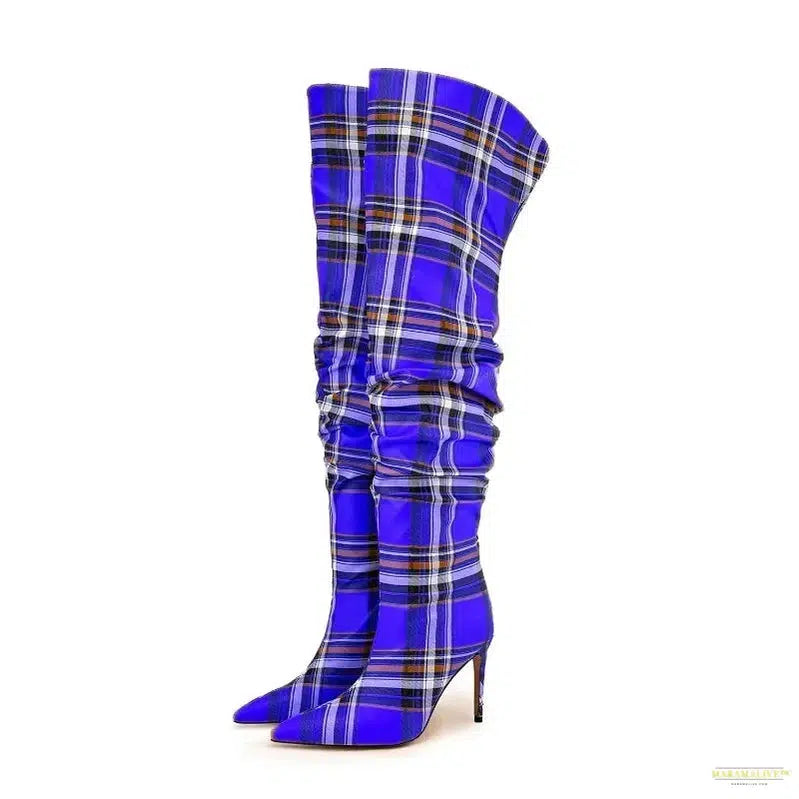 European and American high-heeled color blocked checkered fabric knee high sleeve boots for women's fashionable banquet boots