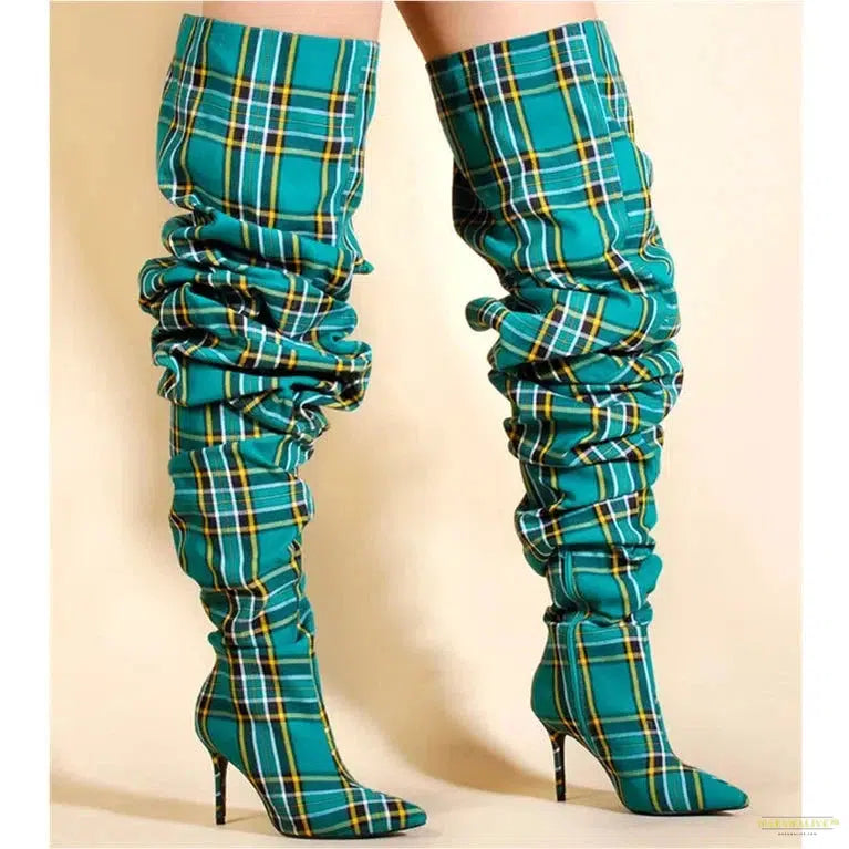 European and American high-heeled color blocked checkered fabric knee high sleeve boots for women's fashionable banquet boots