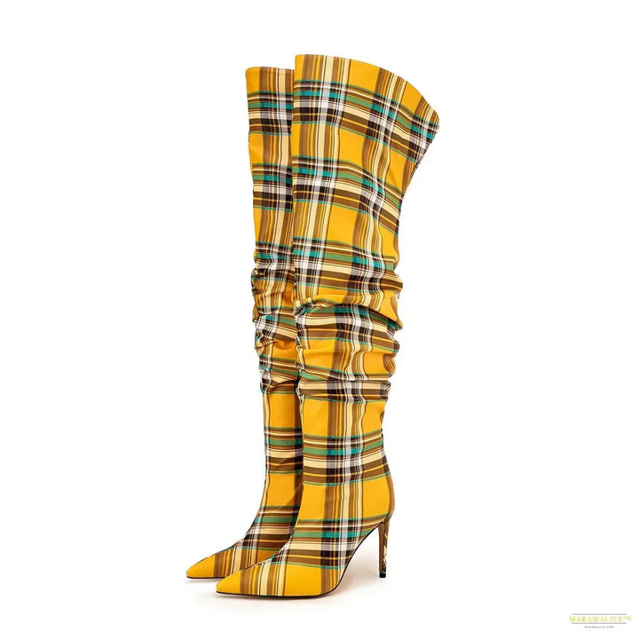 European and American high-heeled color blocked checkered fabric knee high sleeve boots for women's fashionable banquet boots